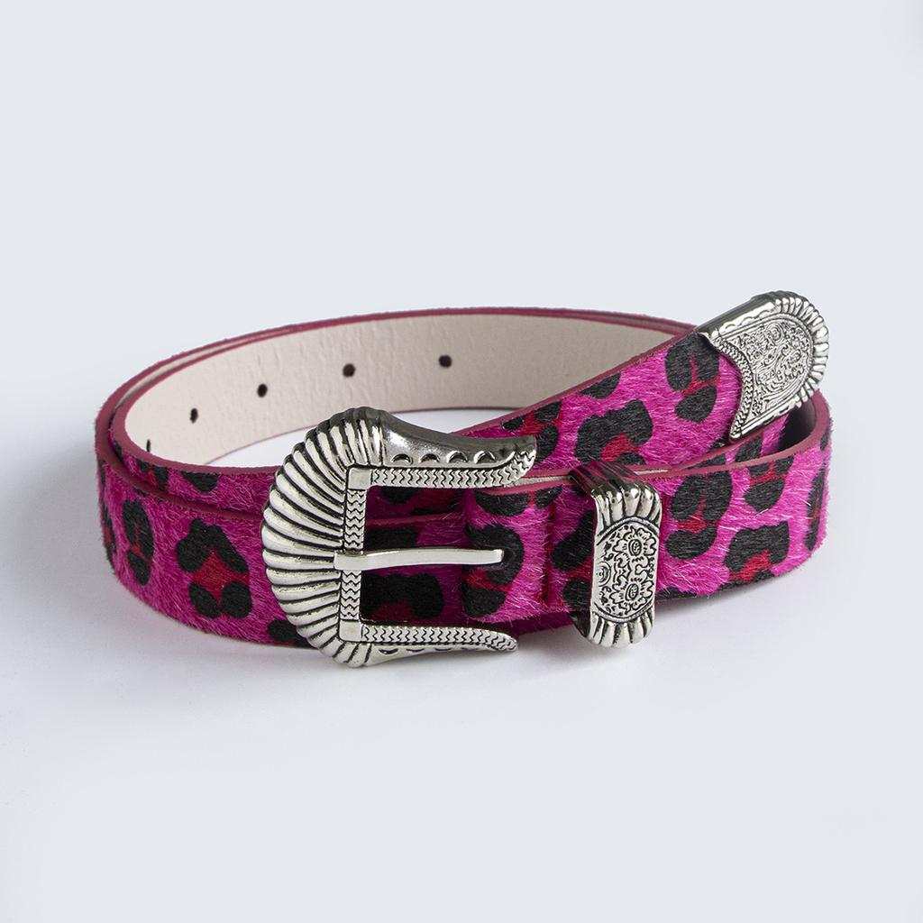 New Retro Carved Imitation Horsehair Leopard Print Fashionable Dopamine Western Buckle Belt for Women's Waist Belt