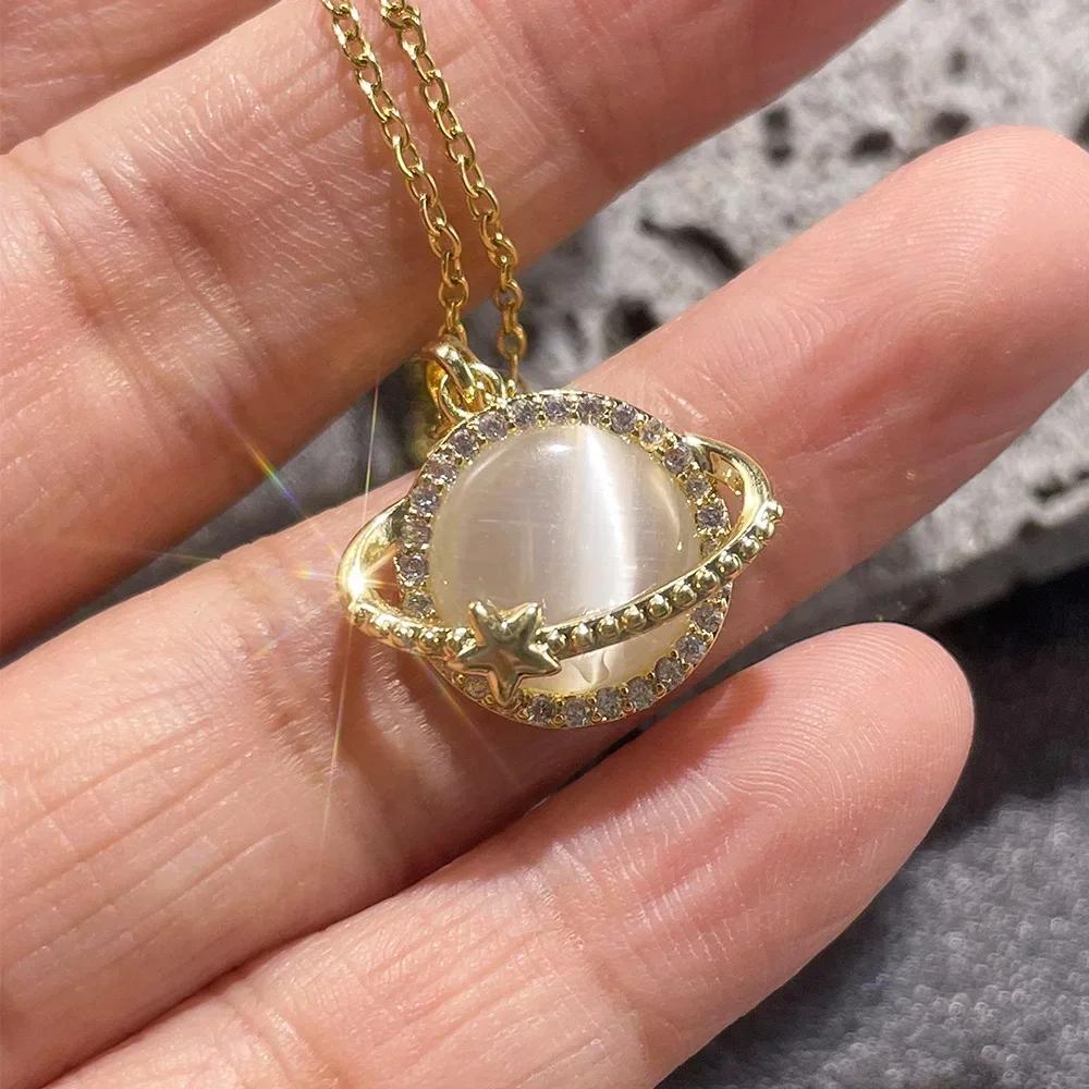 Stainless Steel Zircon Moonstone Planet Necklaces for Women Girls Gold Color Fashion Jewelry Gifts Accessories for Friends