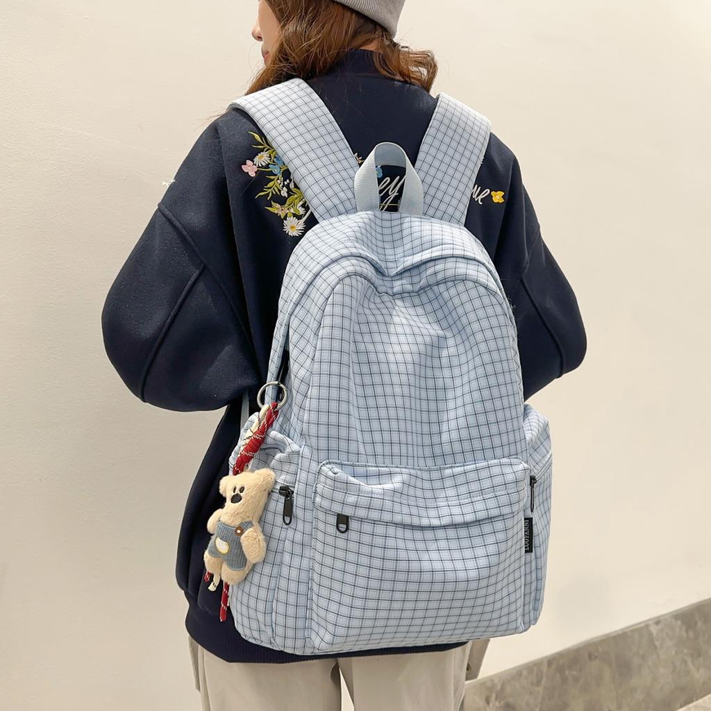 Schoolbag Campus School Bag Female Korean Version Ins Simple Plaid Backpack for Middle and High School Students, Large Capacity Leisure Travel