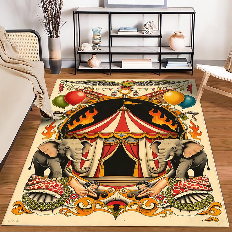 Circus Theme Carpet with Elephants, Tent, Balloons, and Fire Design Suitable for use as an anti-slip for living room bedroom sofas