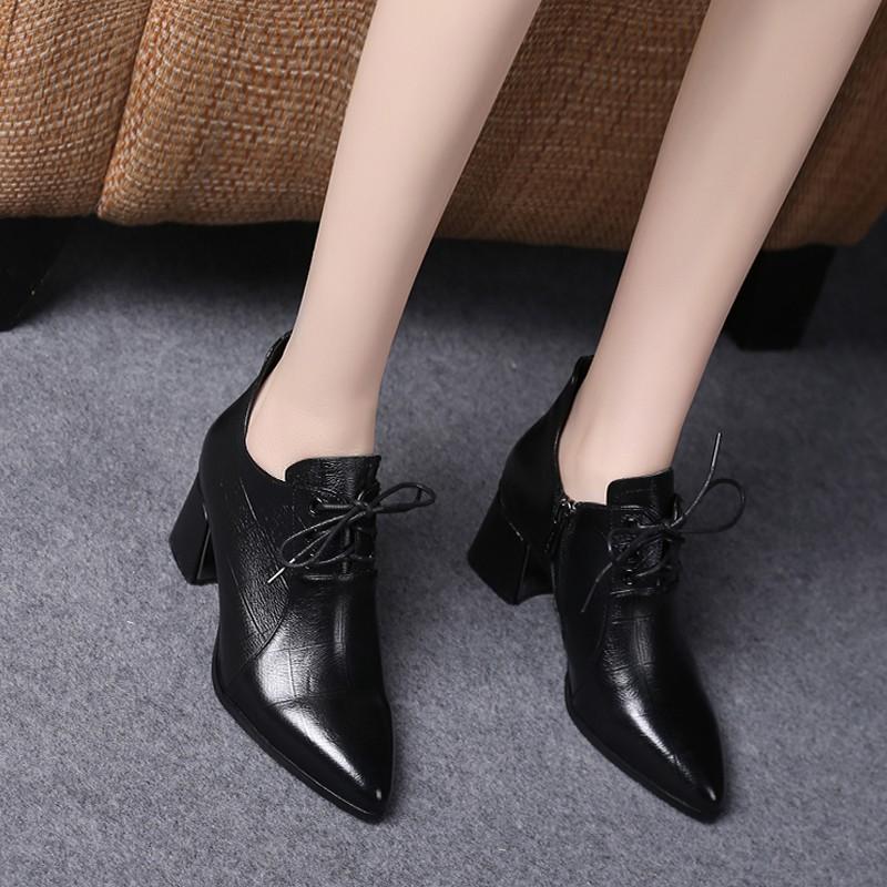 Women Heels Fashion Thick Heel Pointed Leather Shoes Women s Autumn New Lace Up Single Shoes Versatile Work Shoes Side Link 40 чёрный 2540₽