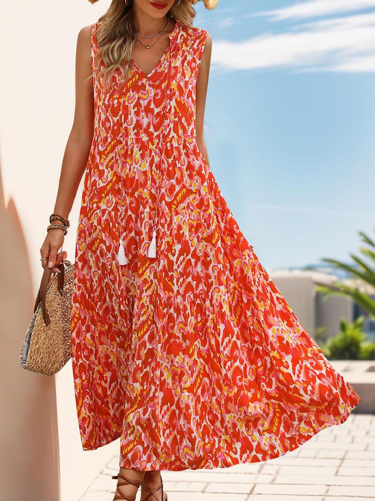 2026 European & American Summer Resort Sleeveless V-Neck Tassel Abstract Print Dress for Women