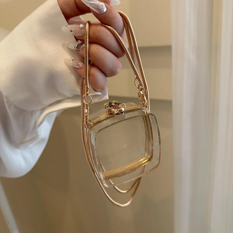 Women's Love Shaped Chain Diagonal Straddle Bag Gold Lock Buckle Transparent Shoulder Bag Summer Crossbody Bag