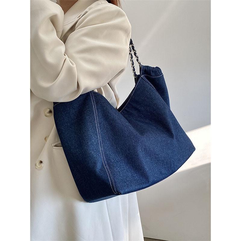 Ielgy Female Bag Korean Style Large-Capacity Denim Chain Shoulder Tote Bag