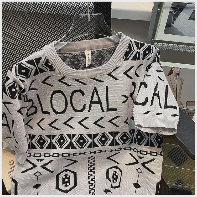 Men's 2023 Trendy Slim Fit Knitted Jacquard T-shirt: Ice Silk, Round Neck, Short Sleeve, Fashionable Letter Design