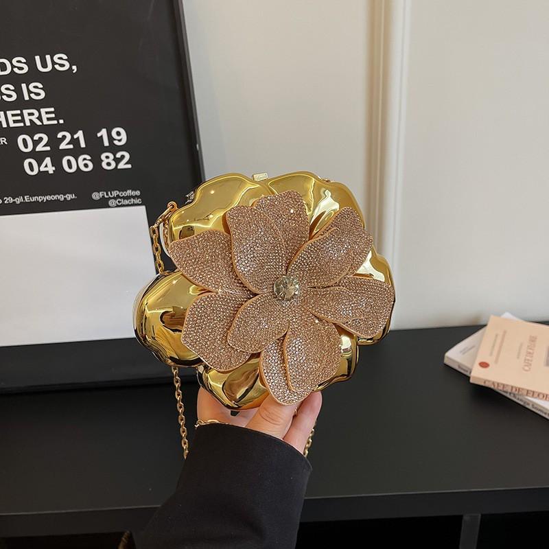 Acrylic Flower Evening Bag With Rhinestone Embellishment Metal Chain Strap Hard Shell Crossbody Purse Women
