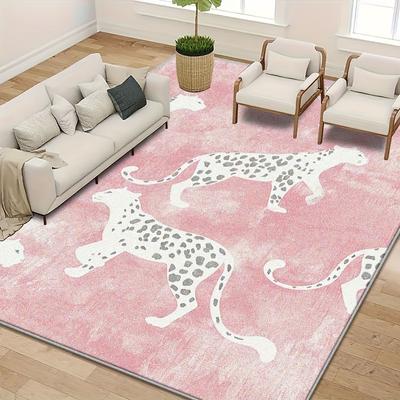 Imitation Cashmere Washed Back Pink Patterned Area Mat Modern Leopard Pattern Machine Washable Laundry Floor Mat