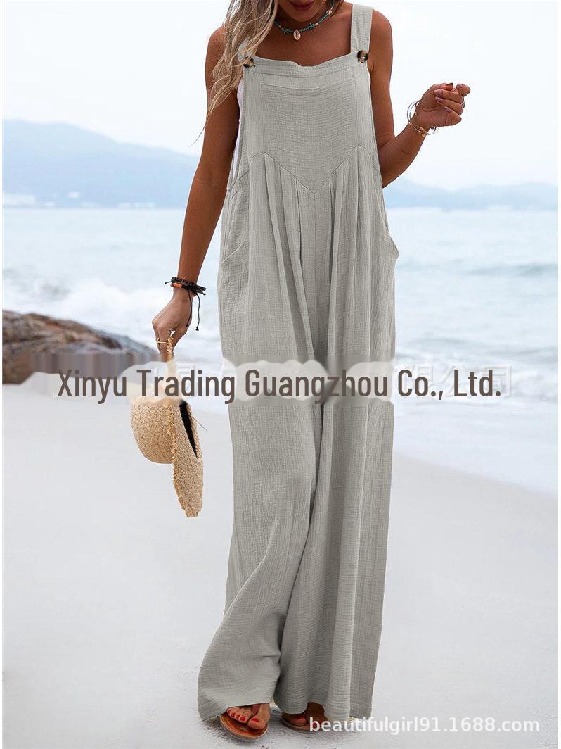 

Женский однотонный комбинезон в этническом стиле на пуговицах с широкими брюками (Лето 2023 г.) L серый