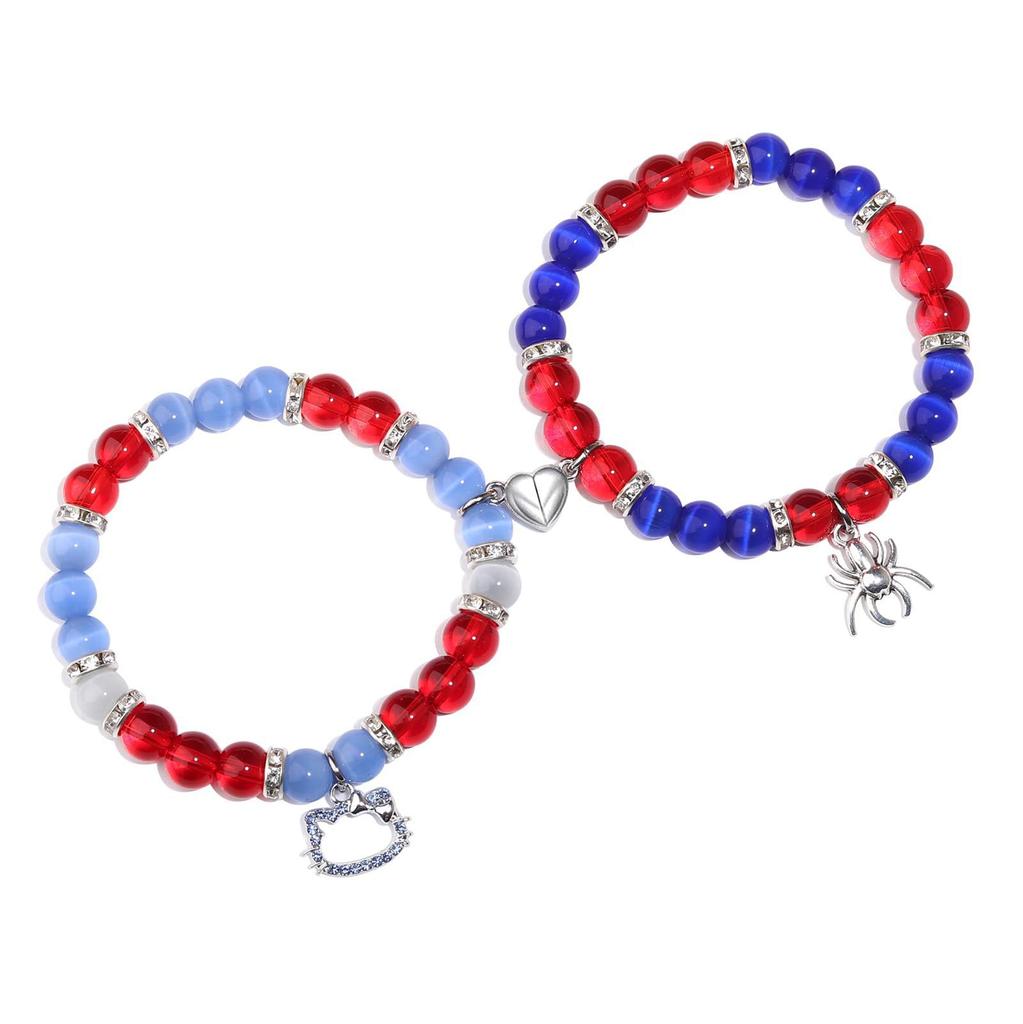 2Pcs/Set Gothic Spider Animal Beaded Bracelet Creative Heart Magnetic Matching Couple Bracelets for Women Men Halloween Gift