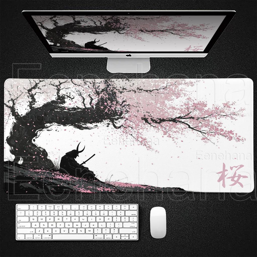 Samurai Anime Mauspads Sakura Landschaft Schreibtischunterlage Schwarz Weiß Gamer Tastatur Großes Mauspads PC Zubehör Gaming Laptop Teppich
