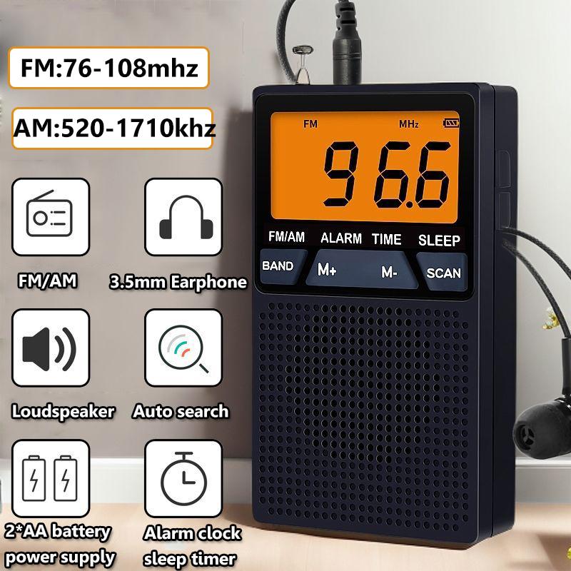 Mini Tragbares FM AM Radio LCD-Anzeige Radioempfänger Eingebauter Lautsprecher Wecker mit 3,5mm Kopfhörerunterstützung Sleep-Timer
