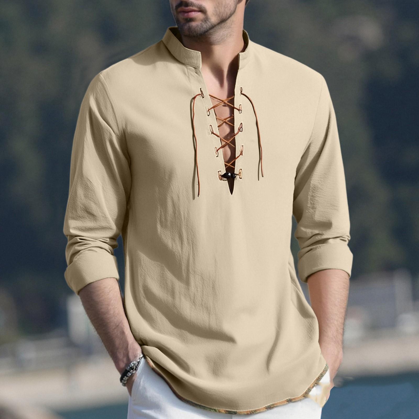 

Мужской повседневный и модный хлопково-льняной однотонный с круглым вырезом и длинными рукавами S бежевый