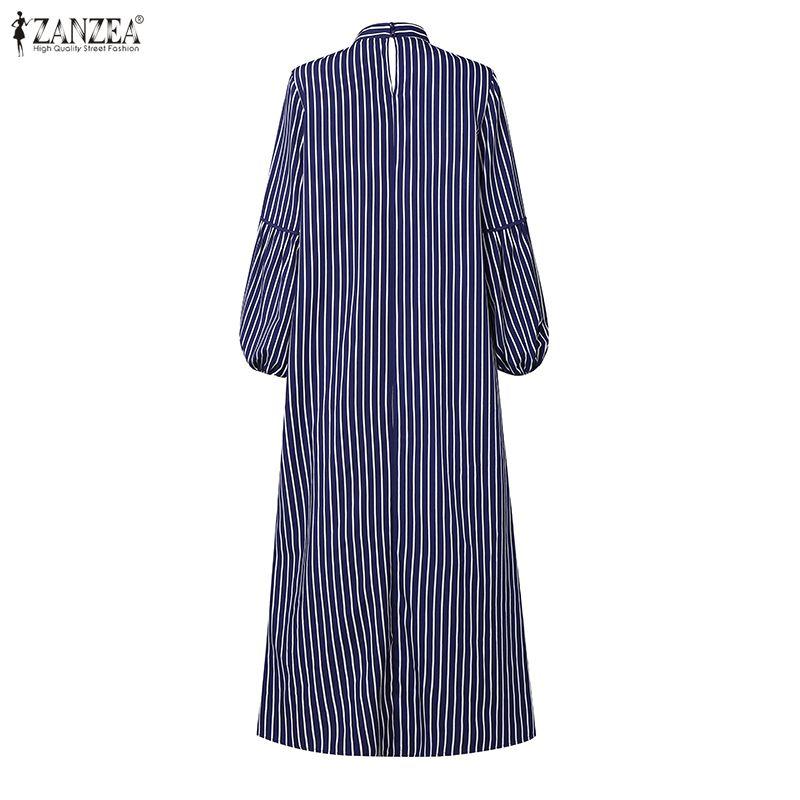 ZANZEA Women Casual Stand Collar Loose Nine Quarter Sleeve Retro Stripe Long Dress