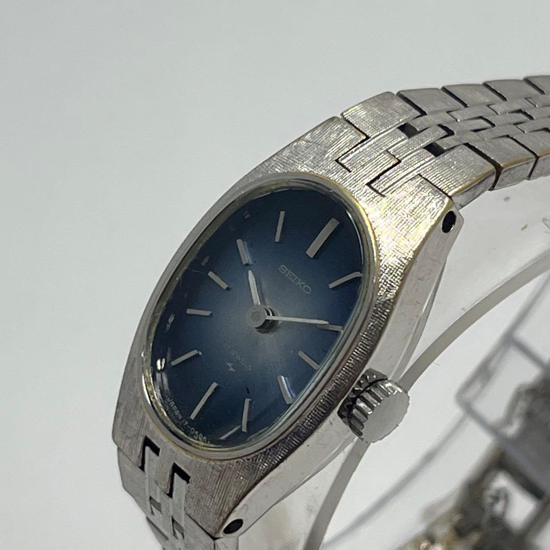Used SEIKO 17-7100 Oval Vintage Manual Winding Mechanical Rare Indigo Dial