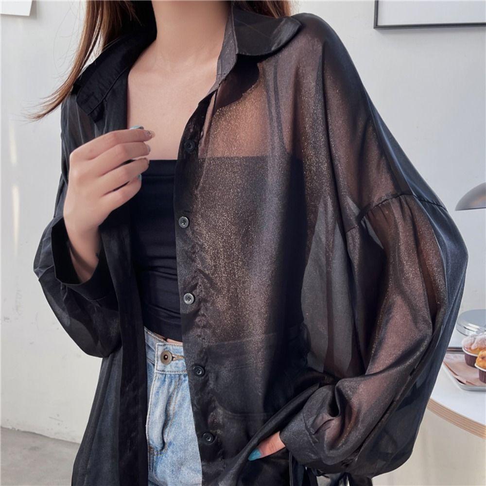 Solid Color Women Shirt Blouse Thin Female Loose Cardigan Summer Fashion Long Sleeve Top