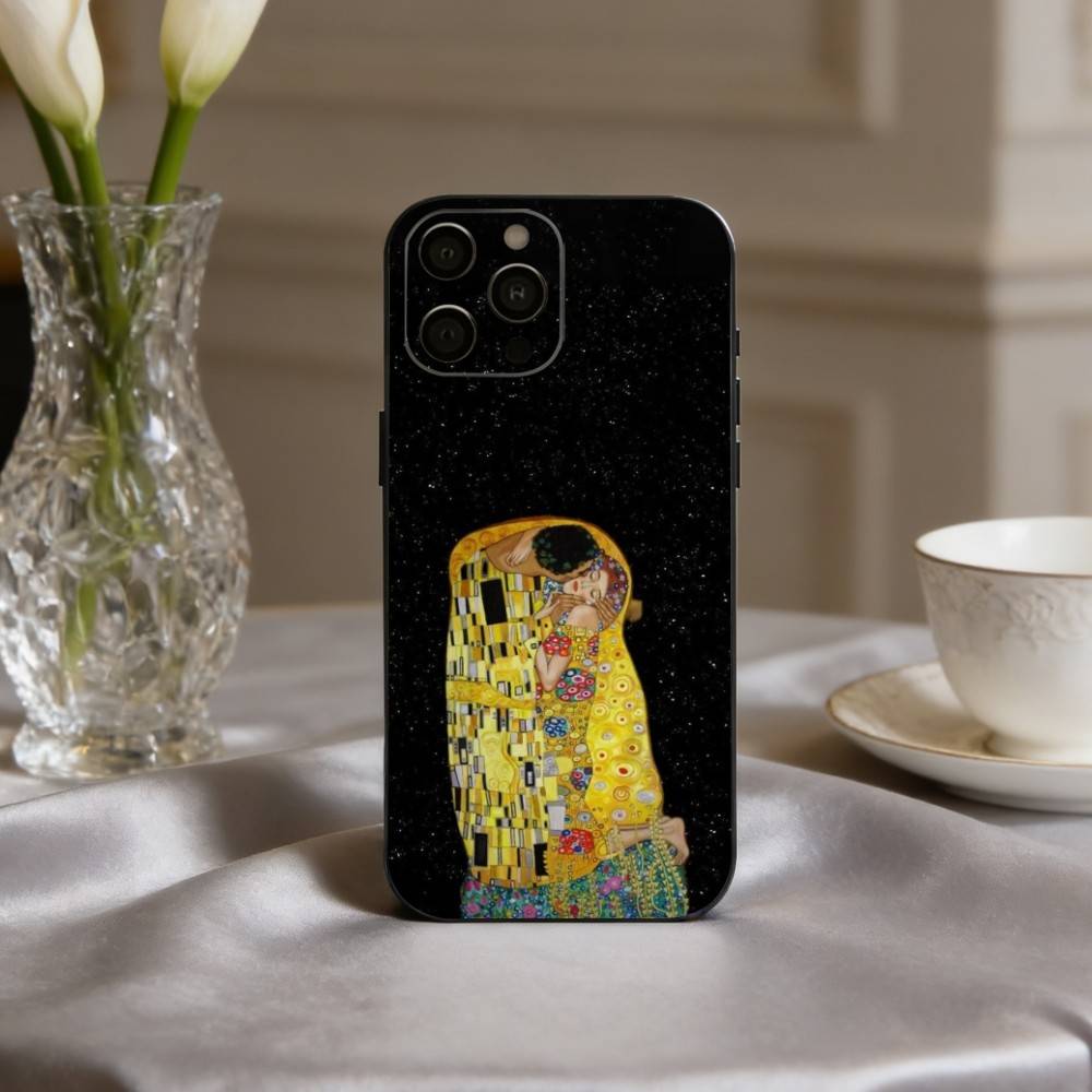 Custodia per Telefono Pittura "Il Bacio" di Gustav Klimt per iPhone 17pro,16,15,14,13,12,11 Plus,Pro Max,XS,Copertura Nera in Silicone Morbido