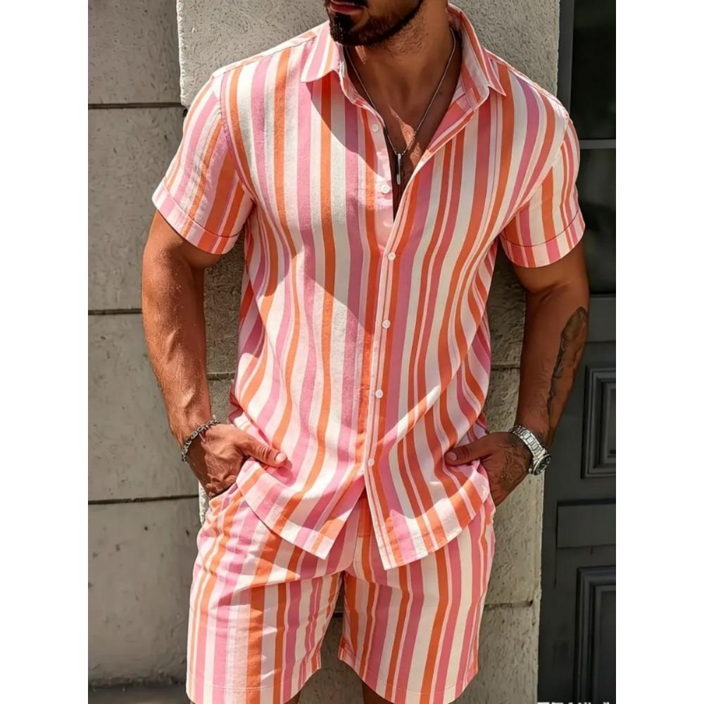 2026 Summer Men Beach Sets Streetwear Short Sleeve Lapel Shirt Printed Shorts Breathable Casual Men Hawaiian Suits 2 Pieces