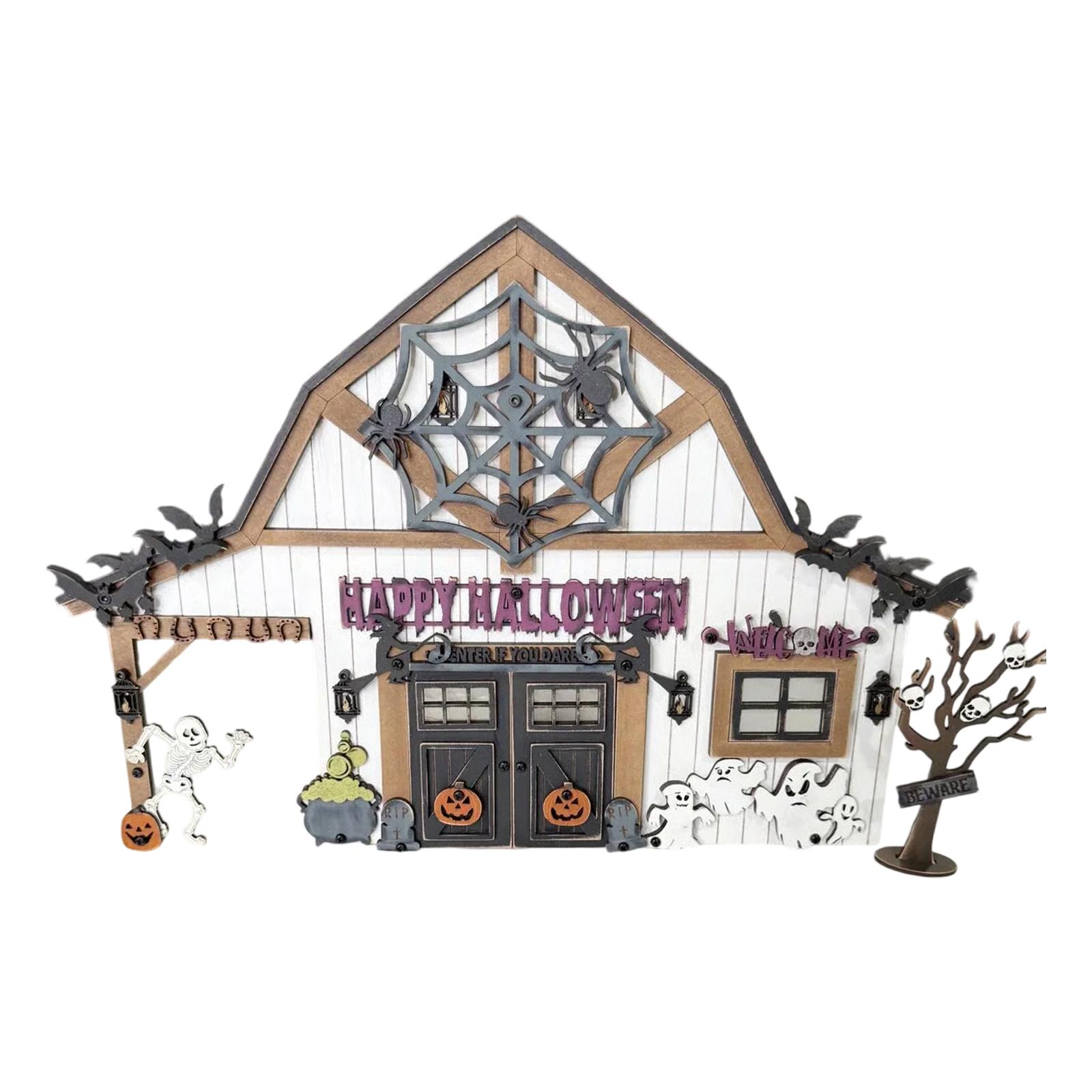

Halloween Barn Desktop Art Decor, Spooky Wooden Tabletop Decoration With Ghosts, Bats Pumpkins One Size