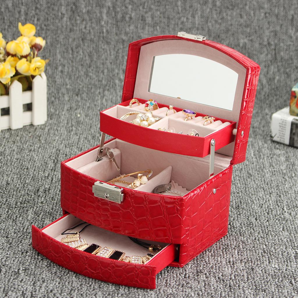 3 Layers Leather Handbag Jewelry Ring Necklace Display Storage Boxes