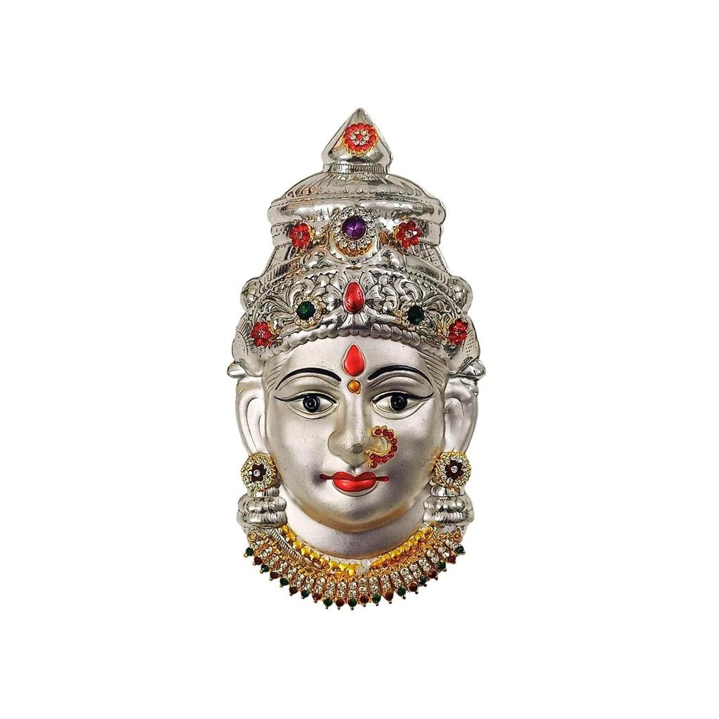 Dekorerat Silver Ammavari Ansikte - Laxmi Mukhota - Matha Ansikte - Varalakshmi Ansikte