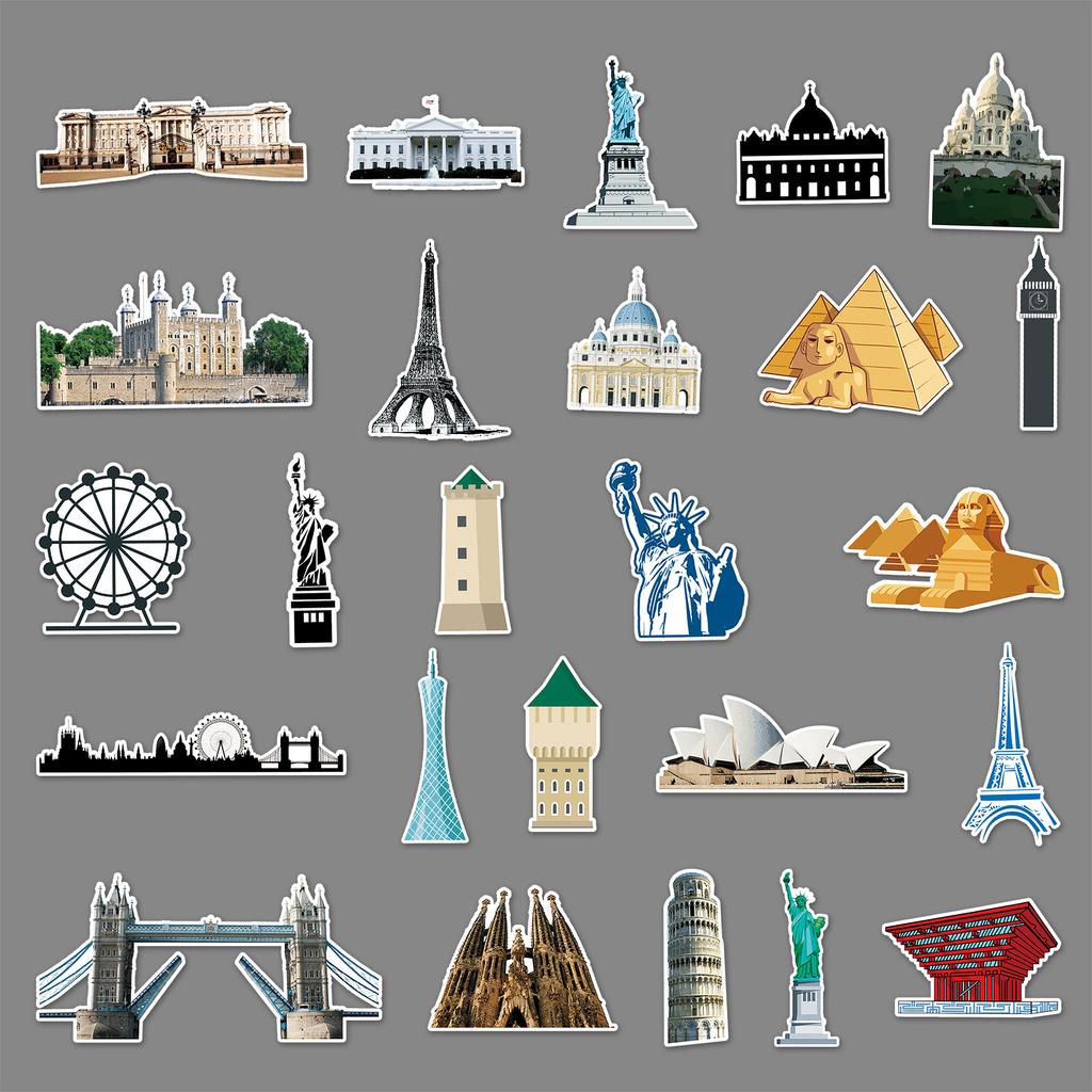 64 Landmark Building Graffiti Creative Laptop Bicycle Scooter Car Waterproof Decorative Stickers