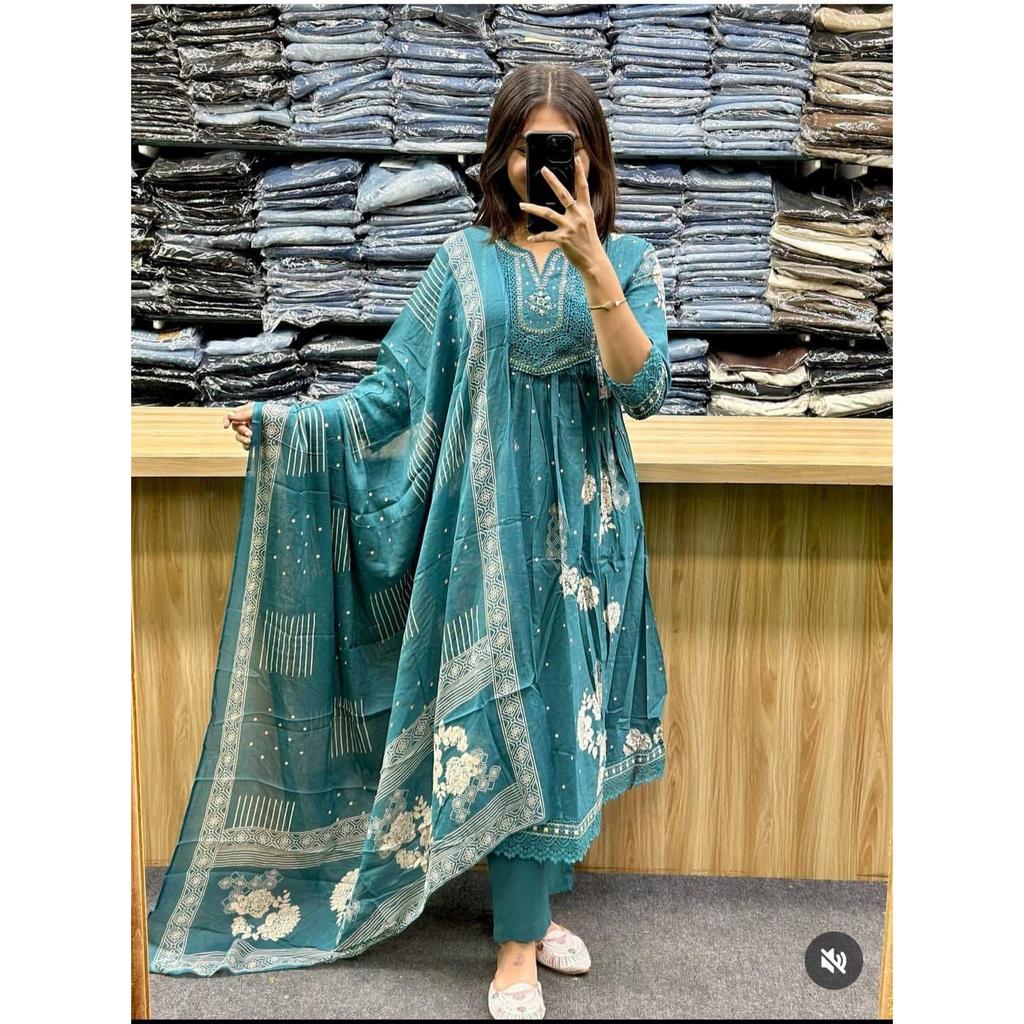 Bellissimo Anarkali Kurta Pakistano in Cotone Completo Kurta Pantaloni da Donna Indiani