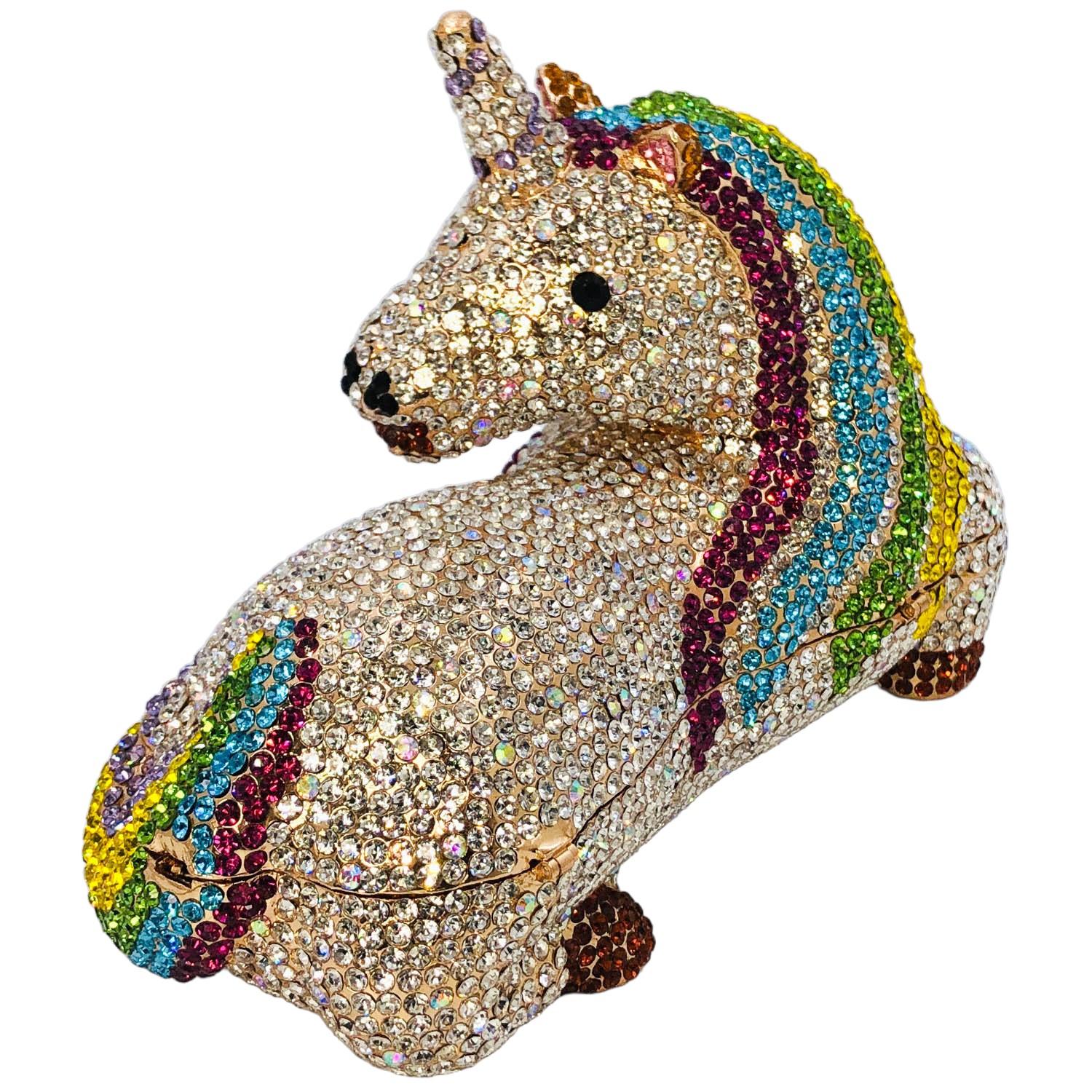 

Boutique De FGG Rainbow Unicorn Shape Women Crystal Evening Purses and Handbags Luxury Designer Formal Rhinestone Clutch Bag Mini Size