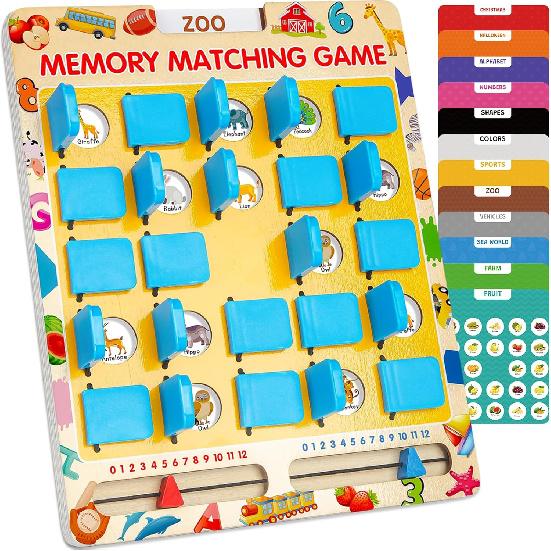 Matching Memory Game for Kids Age 3 4 5 6 7 8 Year Old, Travel Toy for Boys Girls, Wooden Board Game, Road Trip Essentials for Toddler,