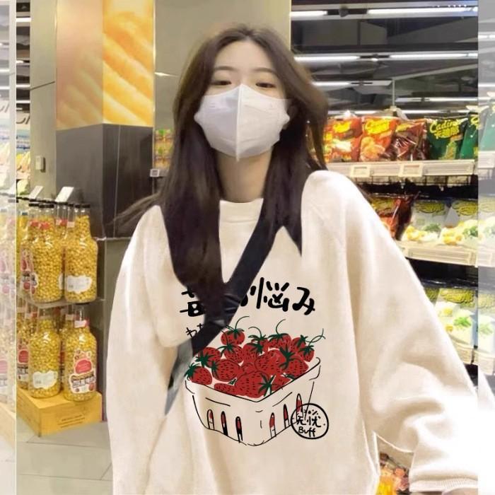 Guochaofeng strawberry Chinese character printing crew neck sweater women's velvet new couple pullover men's and women's same style
