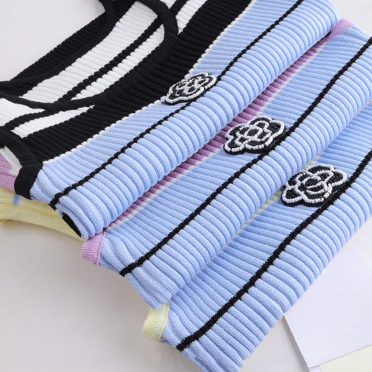 Women Flower Beading Tank Tops Striped Casual Summer Vest Ladies Summer Tops Knit Vest Top Knitwear B-090