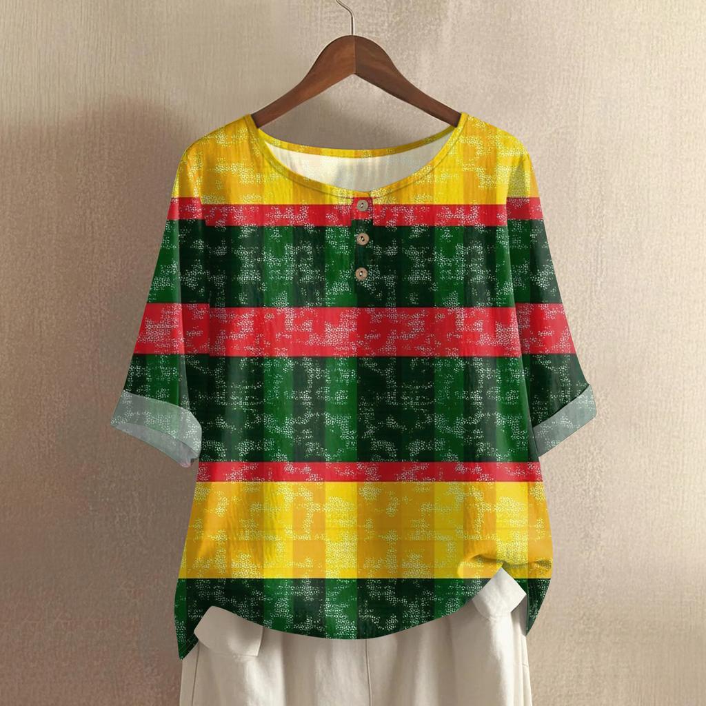 Women's Fashionable And Casual Shirt Half-sleeve Round Neck Cotton And Linen Blouse Top