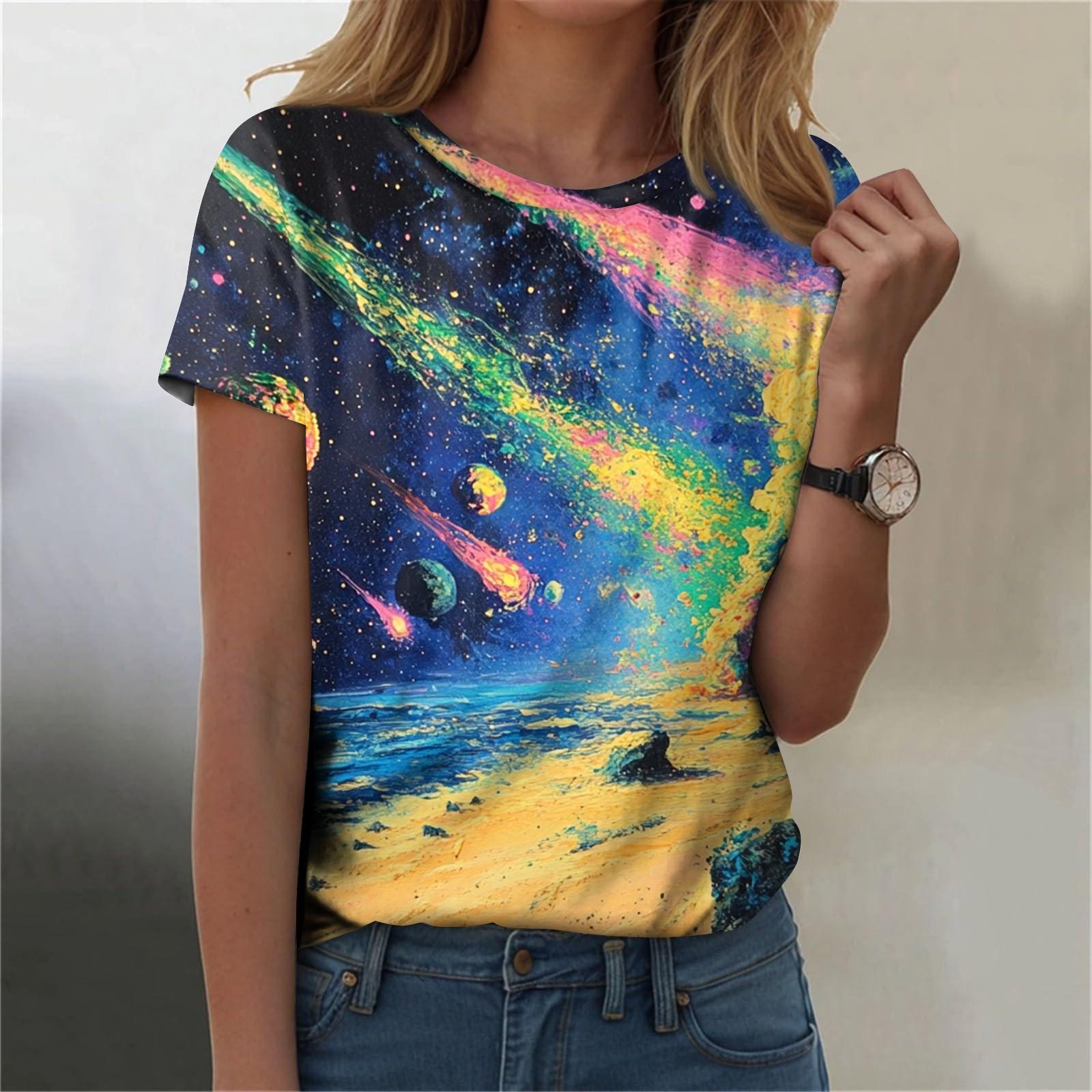 

Жіноча модна модна футболка з короткими рукавами з принтом неба. Модна універсальна приталена футболка S
