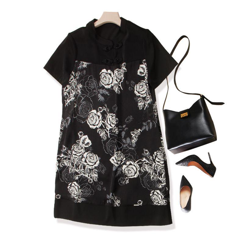 

Stylish Wide Pocket Skirt! Big Peony Satin Acetate Tencel Plate Buckle Elegant Women s Shoulder Dress Summer Black 4XL