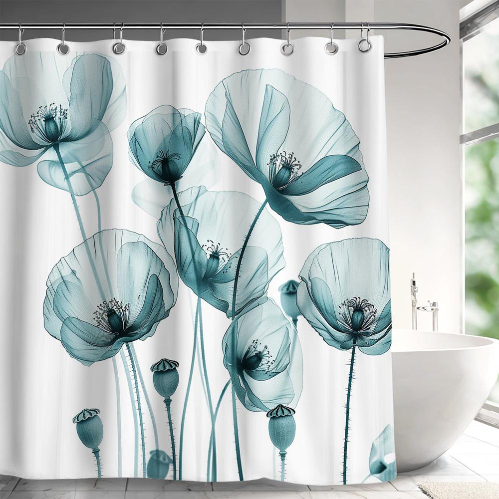 1 Piece Floral Printed Polyester Shower Curtain - No Drilling Required, Machine Washable Bathroom Decor, Machine Washable Fabric