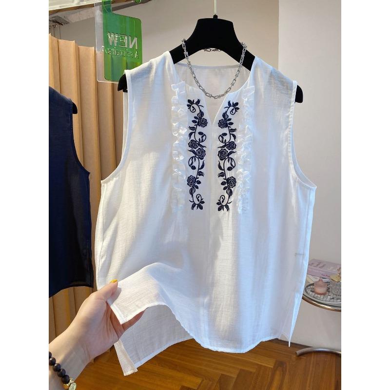 Random linen cotton and linen sleeveless top women s summer embroidered vest shirt women Loose Breathable Cool Summer Tank Top M