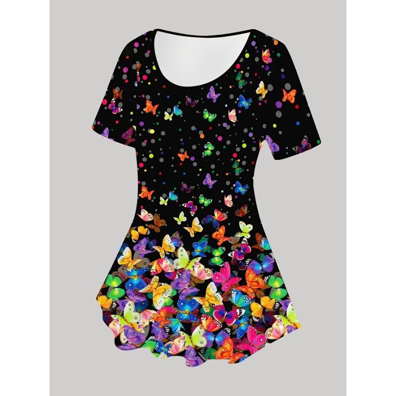 Women's Colorful Butterfly Fluttering Printed Fashionable Short-sleeved Cropped Pants Suit