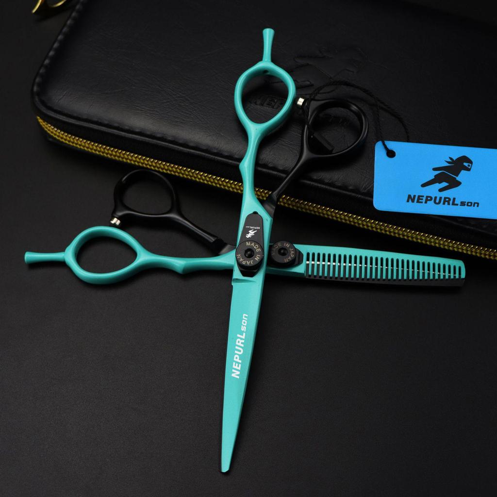 6.0-Inch Napson Black Green HB-02 Serrated Hairdressing Scissors