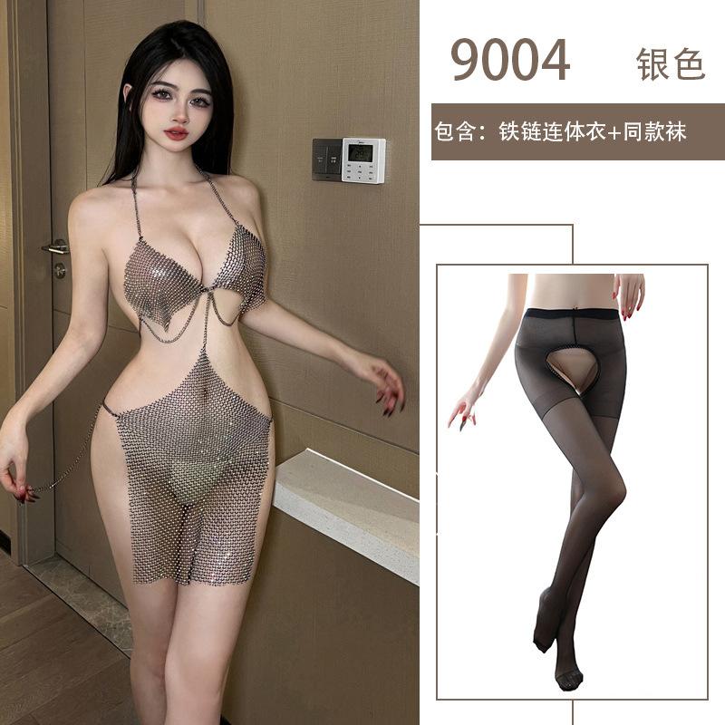 Sexy Perspective Chain Sexy Lingerie Seduction Hollow Strap Neck Three-point Nightclub Girl Uniform