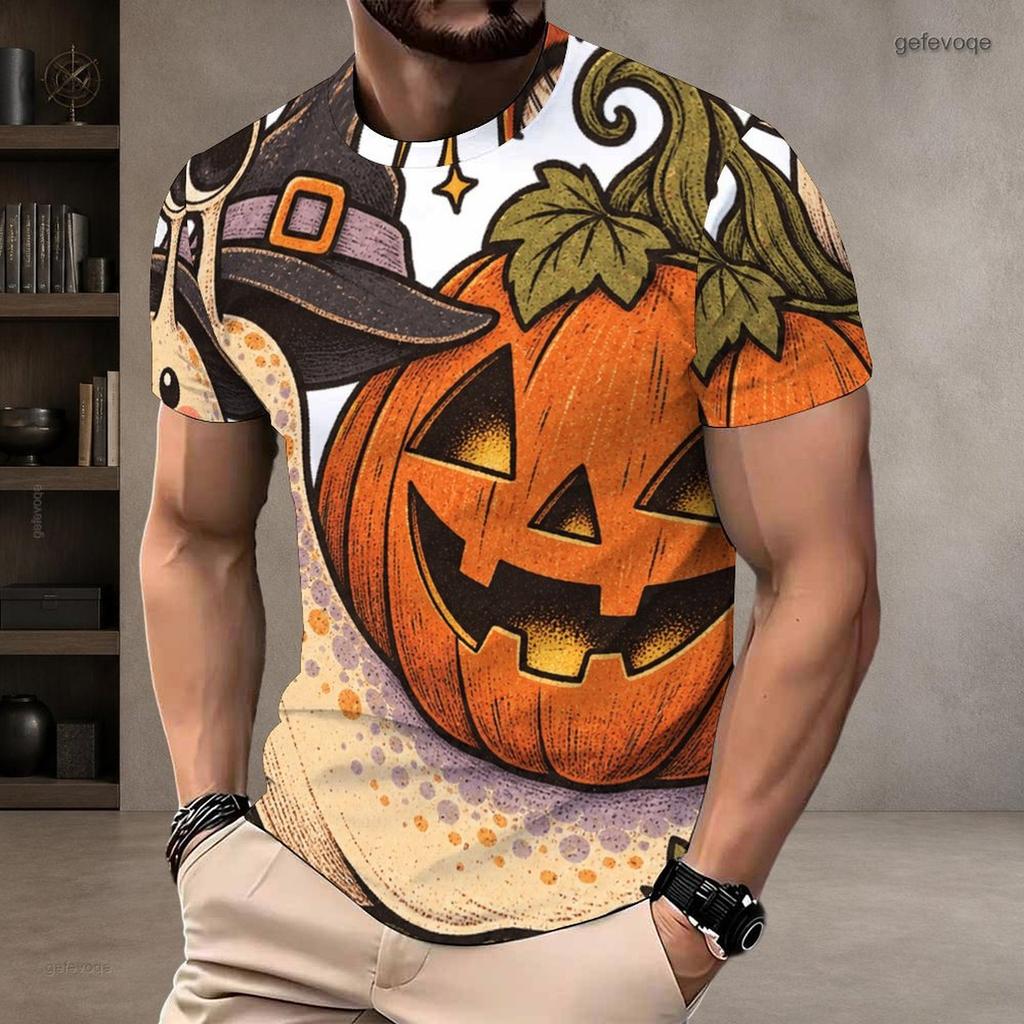 Men S Plus Size Round Neck Short Sleeve T Shirt Halloween Black Cat Ghost Pumpkin Printed Casual Tee