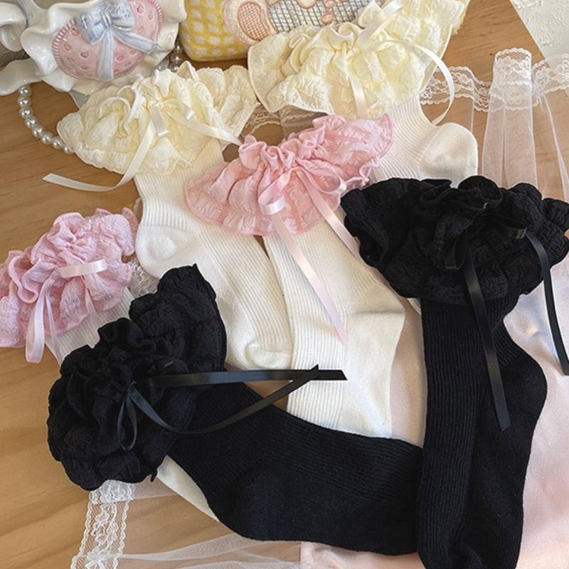 Breathable Cotton Hosiery Socks for Girls Toddler Stretchy Knee High Socks Puff Edge Lace Bows Socks for Autumn Spring
