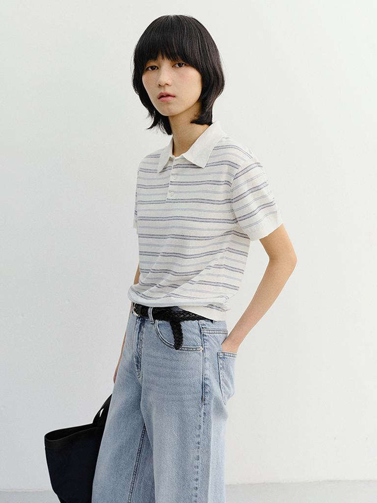 Deonseuteu Unisex Striped Polo Knit_Udsw6B127_White / Soft Blue