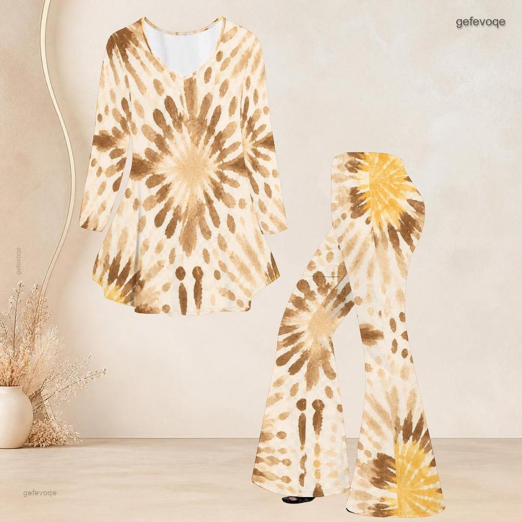 Women Plus Size Printed Round Neck Three Quarter Sleeve Flared Top And Flared Pants Two Piece Set