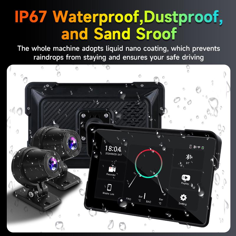 5" Motorcycle 2K DVR Wireless Carplay Android Auto Portable Screen GPS Navigation IPX7 Waterproof Monitor Dash Cam Bluetooth