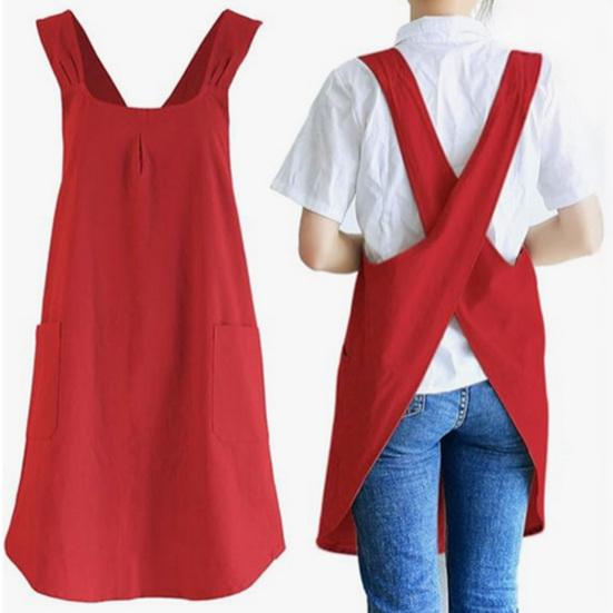 Baumwoll-Leinen Kreuzrücken-Schürze für Damen Herren Koch Japanischer Stil Schürzenkleid mit Taschen zum Kochen Backen Gartenarbeit