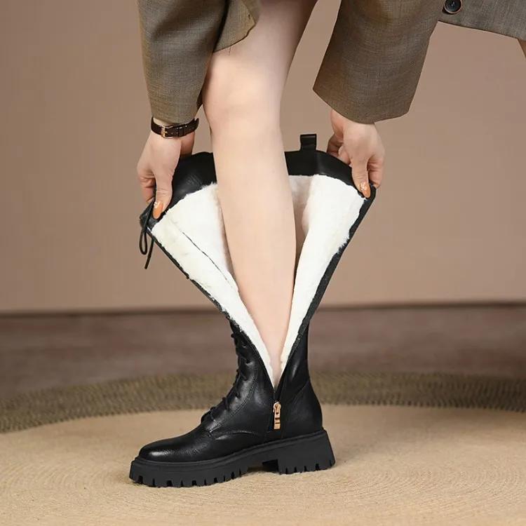 Fashion New Winter Knee-High Boots Split Leather Women Boots Chunky Heel Platform Shoes for Women Lace Women Shoes Knight Boots Woman