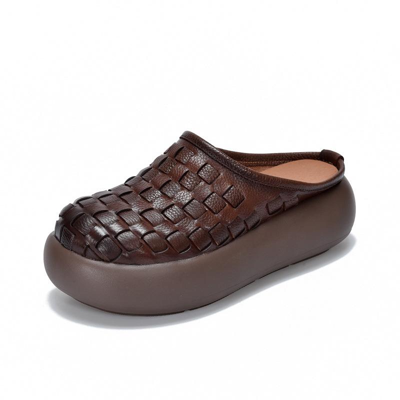 

Johnature Натуральная кожа Ретро Плетеные Круглый носок Женские Слипперы на платформе Легкие С толстой подошвой Обувь без застежки 40 коричневый