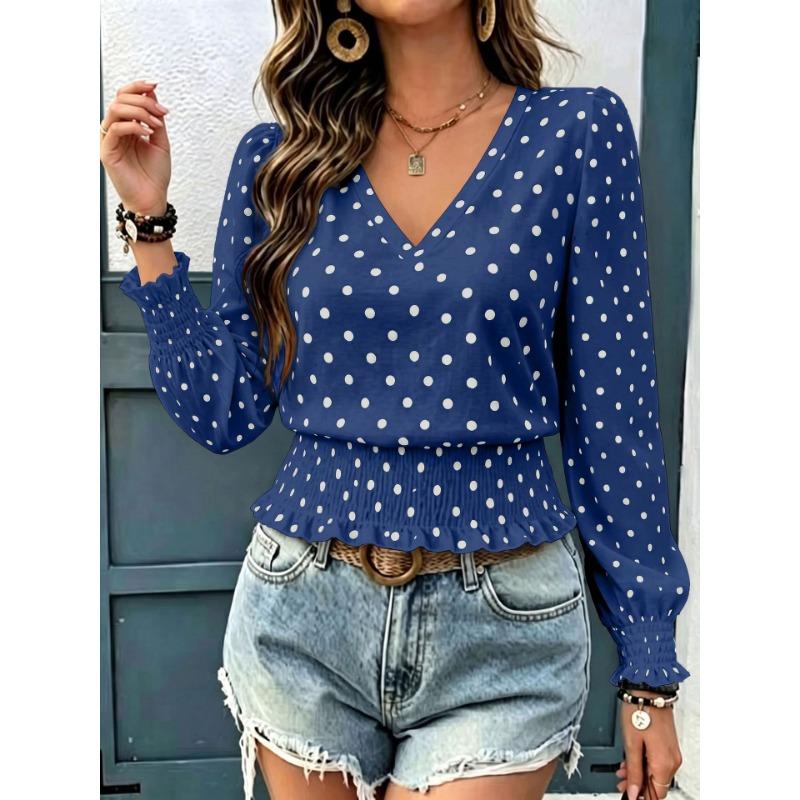 Loose V Neck Polka Dot Print Long Sleeve Casual Women T Shirt
