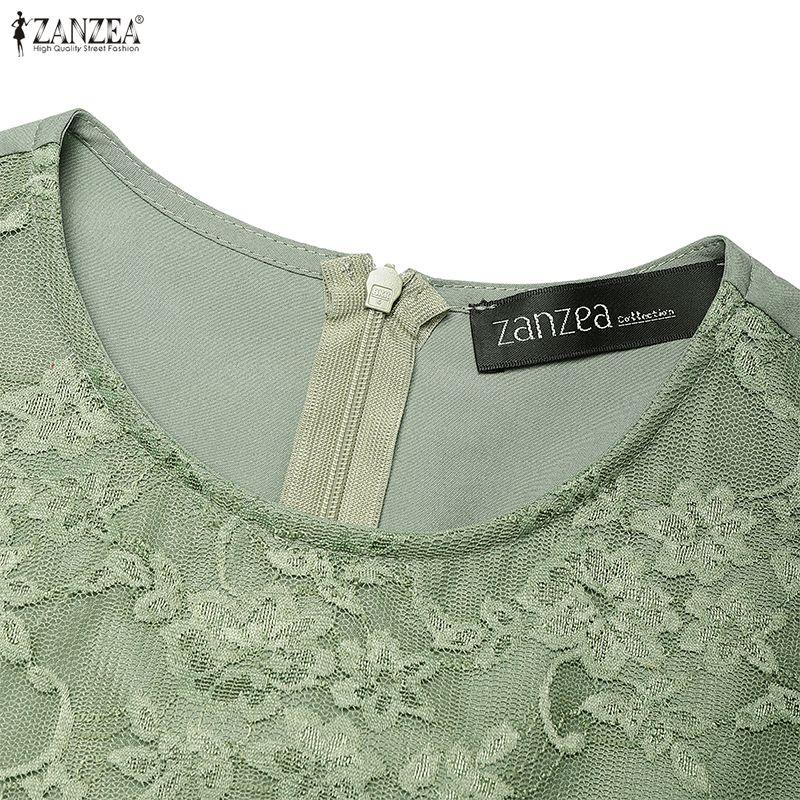 ZANZEA Women Casual Round Neck Long Sleeve Loose Patchwork Mesh Long Dress