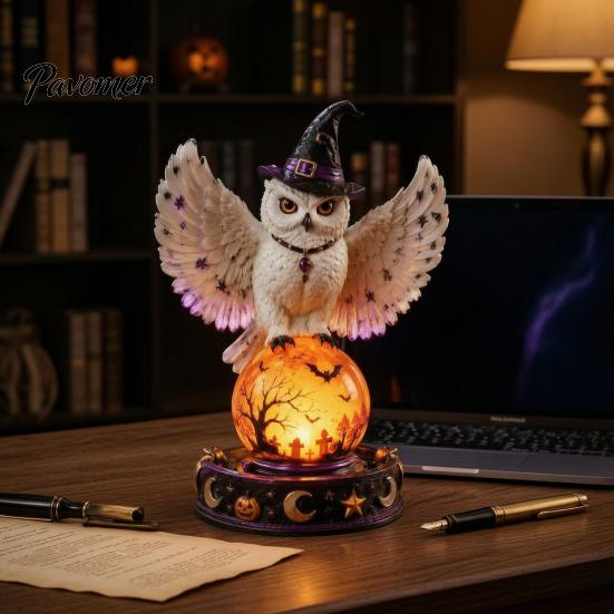 Gothic Home Decor Halloween Lighted Faux Crystal Ball Decor, Crow/Ghost/Bat/Owl on LED Ambient Light for Bedrooms Lamp with Tabletop Mantel