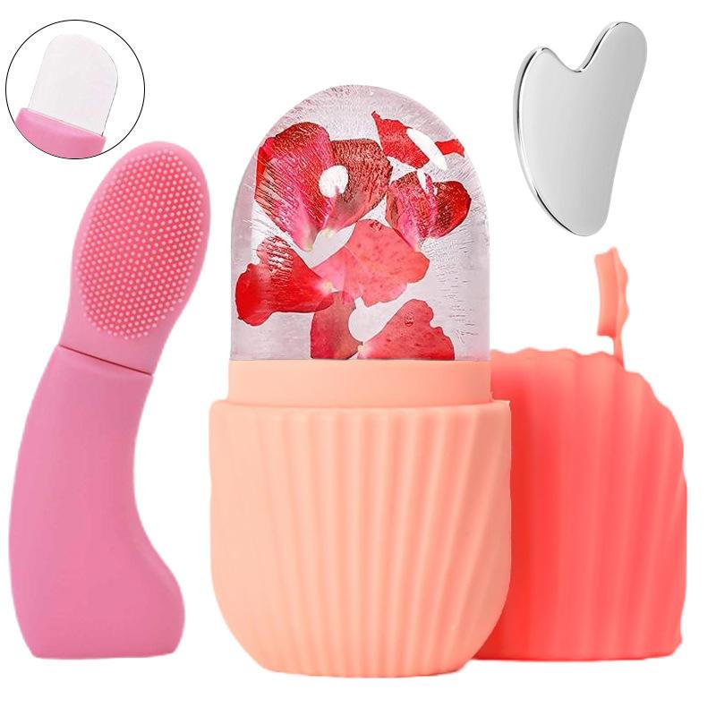 

3-in-1 Facial Care Tool Kit, Ice Roller Mold, Silicone Cleansing Brush & Stainless Steel Gua Sha Set for Skin Depuffing & Cleansing 3pcs розовый